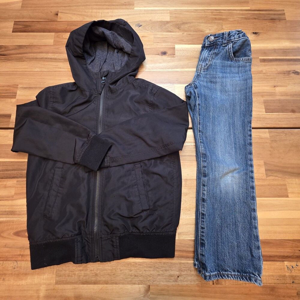 Boys 7/8 The Children's Place Black Hooded Jacket Bootcut Jeans 2 Piece Lot